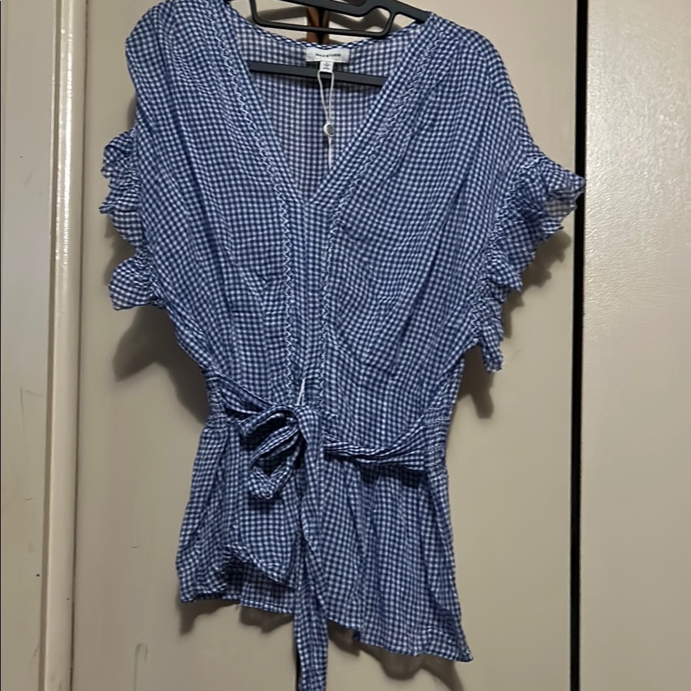 Max Studio Blue Gingham Ruffle Sleeve Top
